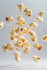 floating buttered popcorn with cinema light effect, isolated on white background