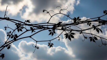Silhouette of twisting vines against a cloudy sky background