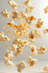 floating buttered popcorn with cinema light effect, isolated on white background