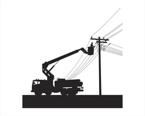 Silhouette of Utility Truck with Bucket Lift Working on Power Lines Keywords: electricity, power line, utility truck, bucket © MD. JUWEEL