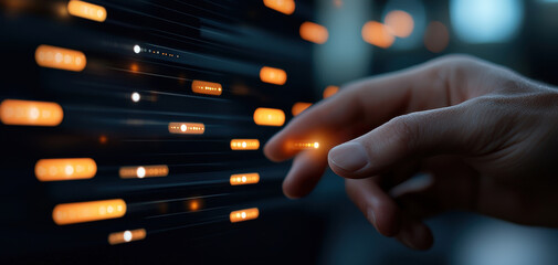 Human hand touching abstract digital lights representing AI technology, data interface and futuristic connection in a dark virtual network environment