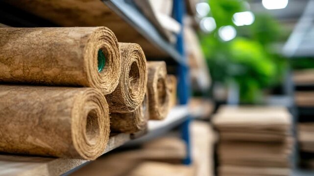 Rolls of natural cork material used for flooring underlayment or insulation stacked on industrial shelving in a factory warehouse, ready for shipping and construction projects