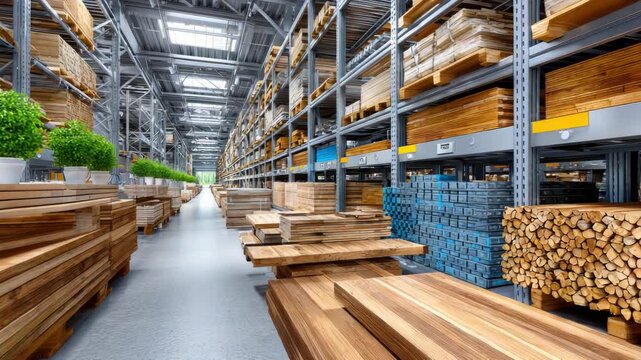 Spacious industrial warehouse with tall metal racks neatly stacked with lumber, planks and firewood, organized aisles for efficient storage, distribution and inventory management