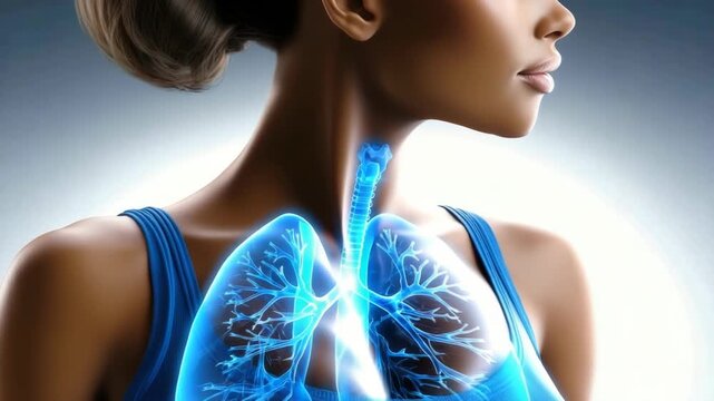 Woman in athletic top with translucent chest revealing lungs, trachea and bronchi in a medical animation illustrating breathing, pulmonary anatomy, respiration and respiratory health care