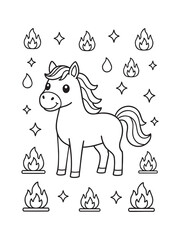 An adorable outline illustration of a stylized horse surrounded by small flames and sparkling star icons, ideal for coloring books and simple vector design projects