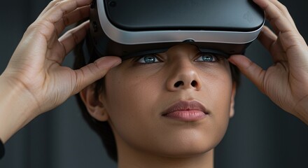 Hands adjusting a VR headset, highlighting the immersive experience of virtual reality.Concept of virtual reality technology and entertainment.