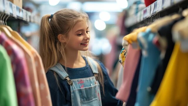 Adorable little girl smiling while browsing through a rack of colorful clothes on hangers at a retail store, enjoying her shopping day and choosing a new outfit in a children's boutique