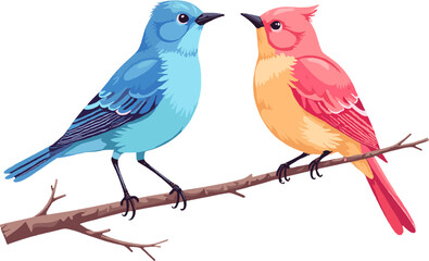 Cute colorful birds illustration isolated on white background, friendly wildlife clipart