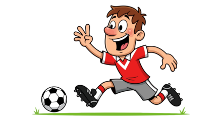 Happy cartoon boy playing soccer with a ball on green grass, energetic and fun