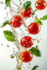 floating cherry tomatoes with basil leaves and olive oil splash, isolated on white background