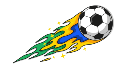 Dynamic soccer ball with fiery trails in green, yellow, and blue colors