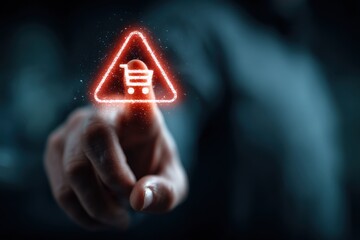 Hand touches glowing red shopping cart icon on a digital warning screen