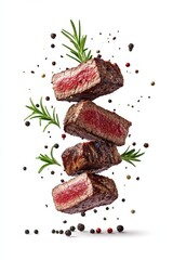 floating grilled steak slices with rosemary and pepper splash, isolated on white background