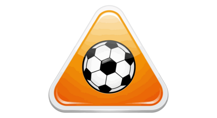 Glossy soccer ball icon on a vibrant orange triangular background with white border