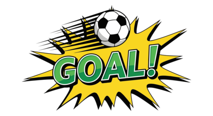 Exciting soccer goal celebration with dynamic motion lines and comic style text