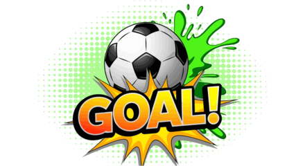 Dynamic soccer ball with 'GOAL!' text and green splash effect, comic style