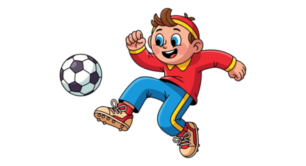 Happy cartoon boy playing soccer with a ball, energetic and fun