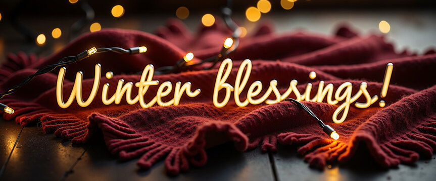Winter blessings text illuminated by fairy lights on dark blanket  