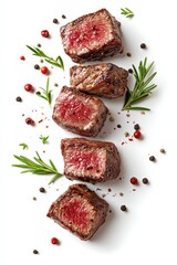 floating grilled steak slices with rosemary and pepper splash, isolated on white background