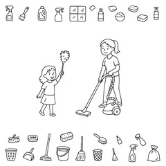 Mother and Daughter Cleaning Together Vector Illustration