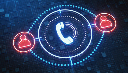 Obraz premium Digital Dialogue: A network of communication converges as stylized silhouettes of individuals connect through a classic handset.