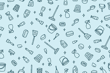 Vector illustration of a seamless pattern featuring various cleaning supplies such as brooms, mops, and spray bottles. Ideal for backgrounds, wallpapers, or textile designs.