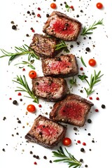 floating grilled steak slices with rosemary and pepper splash, isolated on white background
