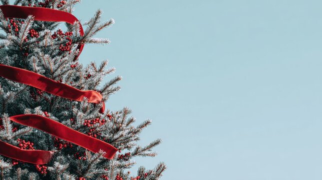 A Christmas tree stands tall with green branches and bright red ribbons wrapped around it. Red berries are scattered among the foliage. The sky is clear and blue