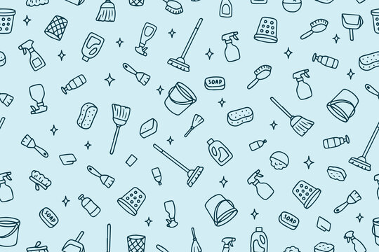 Vector illustration of a seamless pattern featuring various cleaning supplies such as brooms, mops, and spray bottles. Ideal for backgrounds, wallpapers, or textile designs.