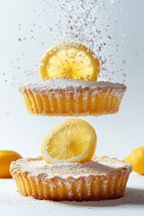 floating lemon tart with sugar powder splash, isolated on white background