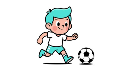 Obraz premium Cartoon boy playing soccer, dribbling a football, isolated on transparent background