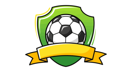 Soccer shield emblem with football and yellow banner badge icon isolated on transparent background
