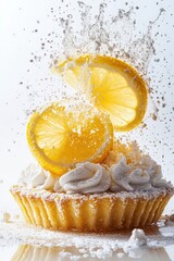 floating lemon tart with sugar powder splash, isolated on white background