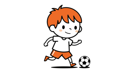 Cute cartoon boy playing soccer with orange shorts and hair, active lifestyle illustration