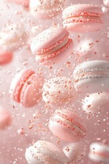 floating macarons with pastel colors and flying crumbs, isolated on white background