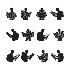 Black Color Traveler Holding Map Silhouette Vector Illustration, Solid White Background.