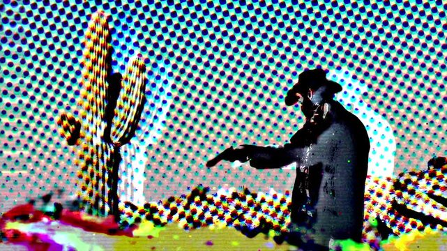 Cowboy in the southwest desert with cactus, twirling gun. Editing heavily in pop art style. Kitsch Americana old west retro.