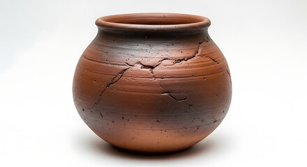Vintage terracotta pot with cracks and imperfections on white background