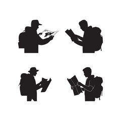 Black Color Traveler Holding Map Silhouette Vector Illustration, Solid White Background.