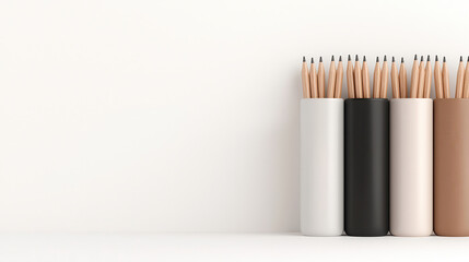 Set of wooden pencils arranged in color holders on white desk. Minimalist stationery supplies background for office organization, school education, and art creativity workspace