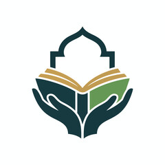 A symbolic vector of hands cradling an open book, featuring an elegant arch, embodying spiritual learning, cultural heritage, and educational pursuits