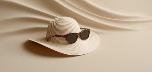 Elegant summer straw hat and sunglasses resting on soft beige wavy fabric background. Luxury holiday vacation concept with copy space for fashion or travel advertisement designs