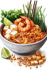floating pad thai noodles with shrimp, tofu, peanuts, bean sprouts, and lime wedge, isolated on white background