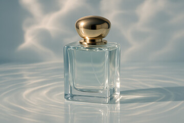 Elegant perfume bottle with golden cap in Ice Melt and Cloud Dancer reflections for luxury fragrance and beauty product
