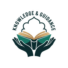 Abstract vector of hands holding an open book beneath an ornate arch, symbolizing a path to profound knowledge and spiritual guidance and enlightenment