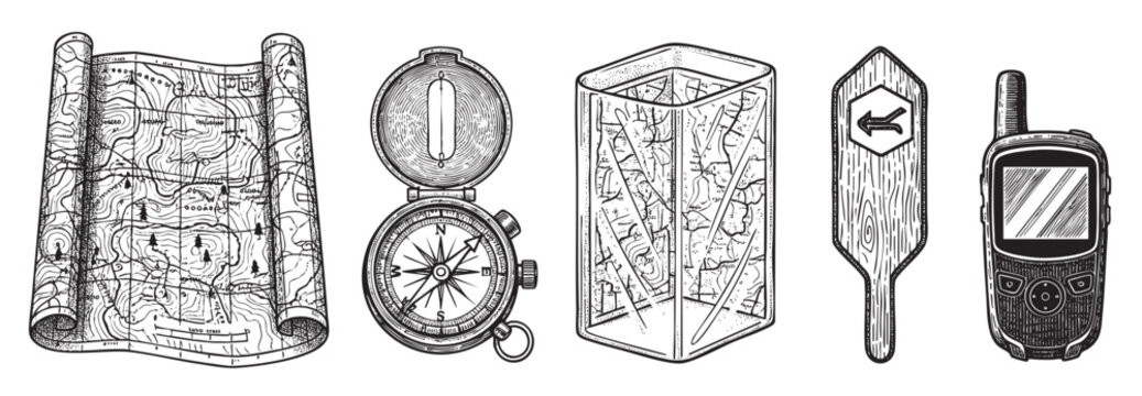 A collection of vintage-style black and white illustrations of navigational tools including a topographic map, compass, GPS device, and trail sign, perfect for adventure or travel concepts.