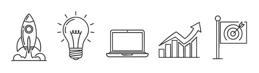 A set of clean line art icons representing business concepts: a rocket launching, a bright lightbulb for ideas, a laptop, a bar graph with an upward trend, and a target with an arrow.