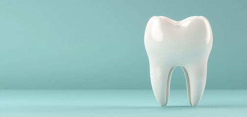 3D rendering of healthy white tooth model on blue background. Dental care hygiene concept for dentistry clinic symbol, oral health protection and enamel whitening advertisement