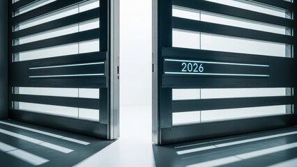 Obraz premium Modern sliding doors with neon lights and the number 2026, creating a futuristic feel.