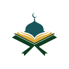 Vector of an open book with a mosque dome and crescent moon, a symbol of Islamic faith and knowledge